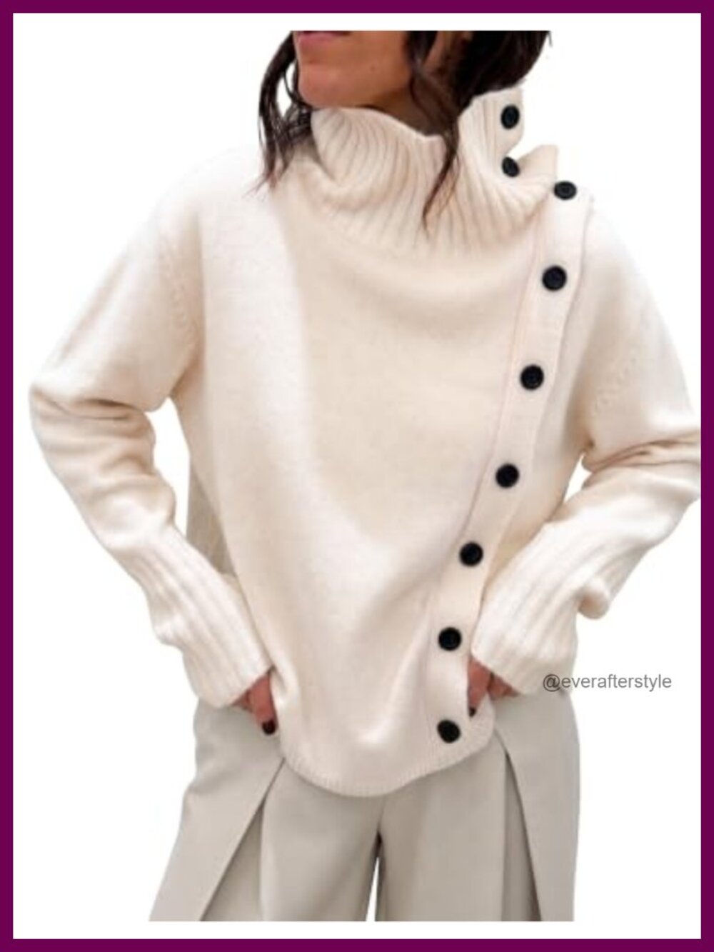 Women's Turtleneck Knit Pullover Sweater - Asymmetric Button Detail Relaxed Fit